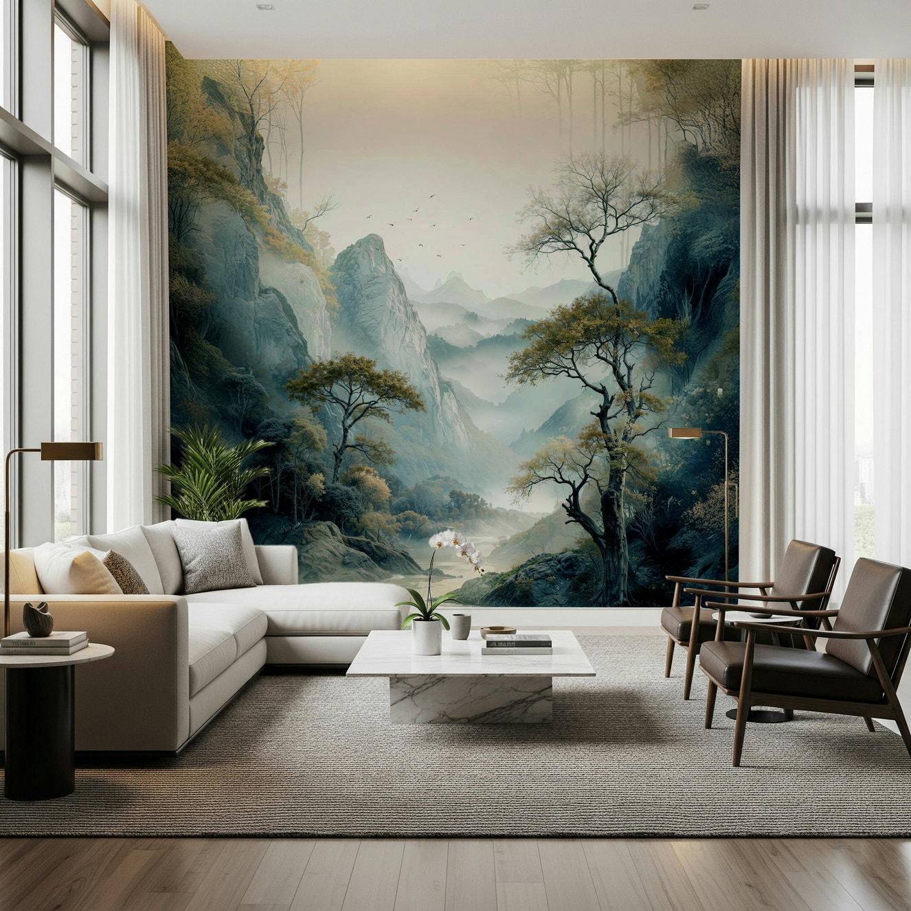 Quiet River Valley wall mural featuring a serene river winding through lush green hills.