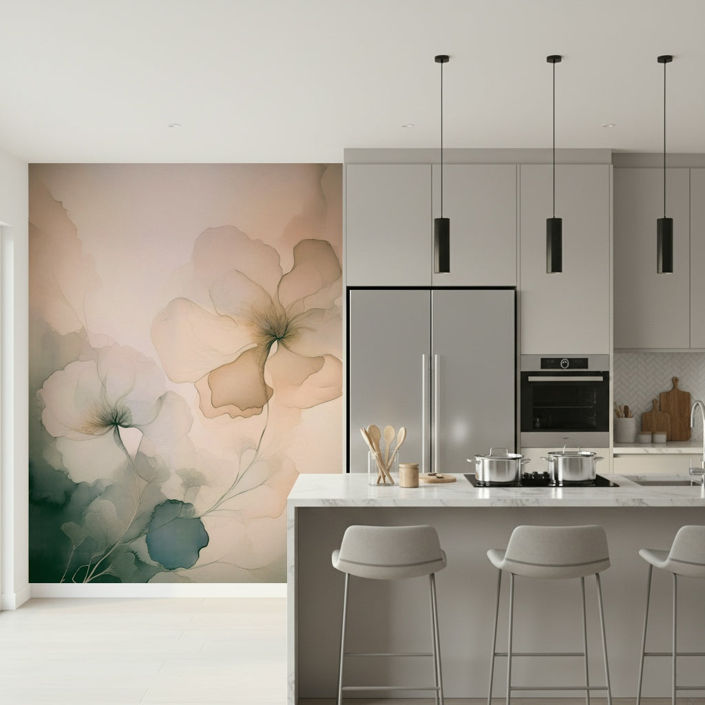 Dreamy floral mural with soft brushstrokes and whisper-light petals for soothing modern spaces.