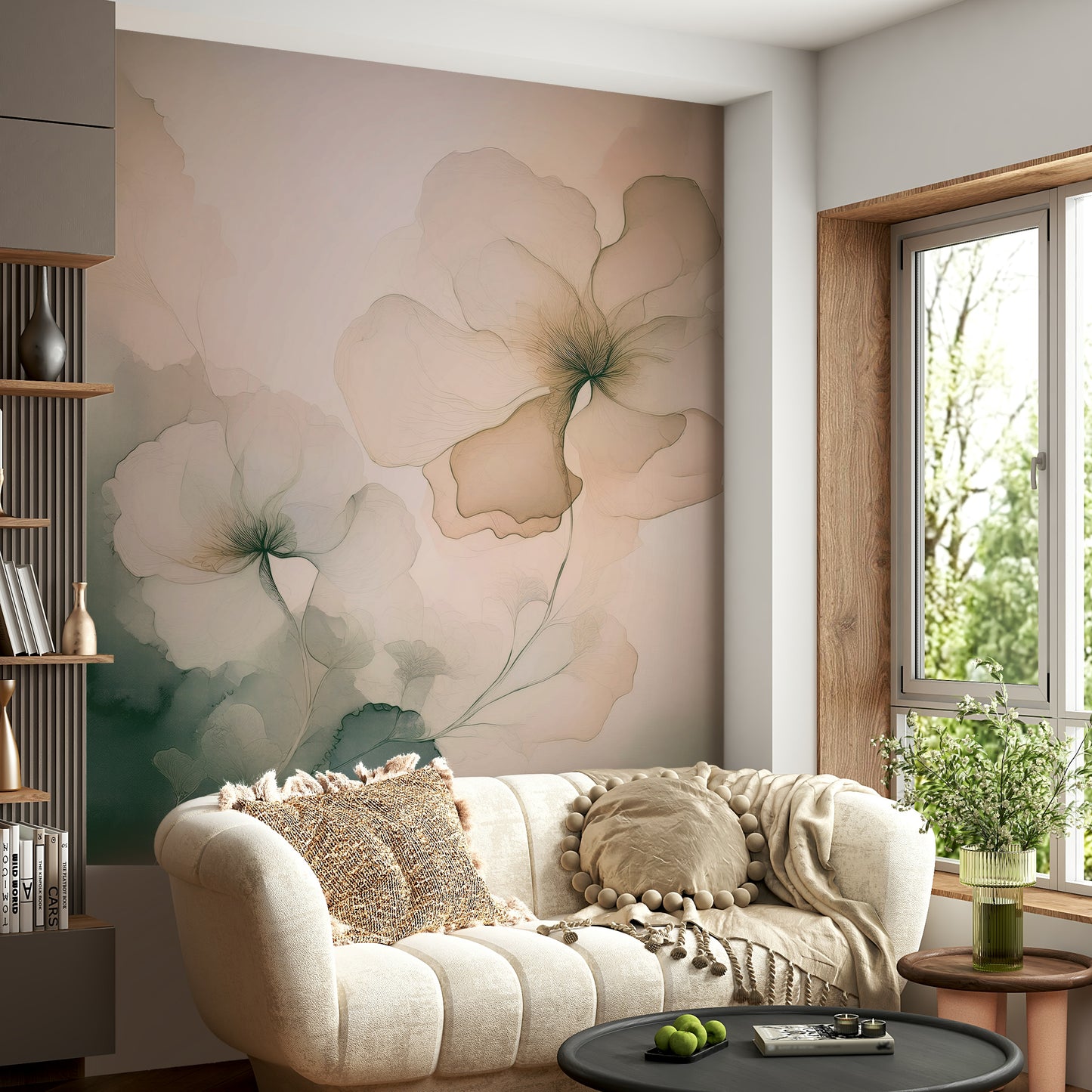 Romantic mural showcasing soft, flowing petals in airy pastels for tranquil interior décor.
