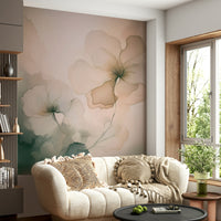Romantic mural showcasing soft, flowing petals in airy pastels for tranquil interior décor.