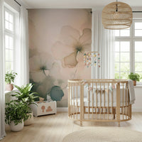 Ethereal floral wall mural featuring subtle pastel petals drifting across a misty background.