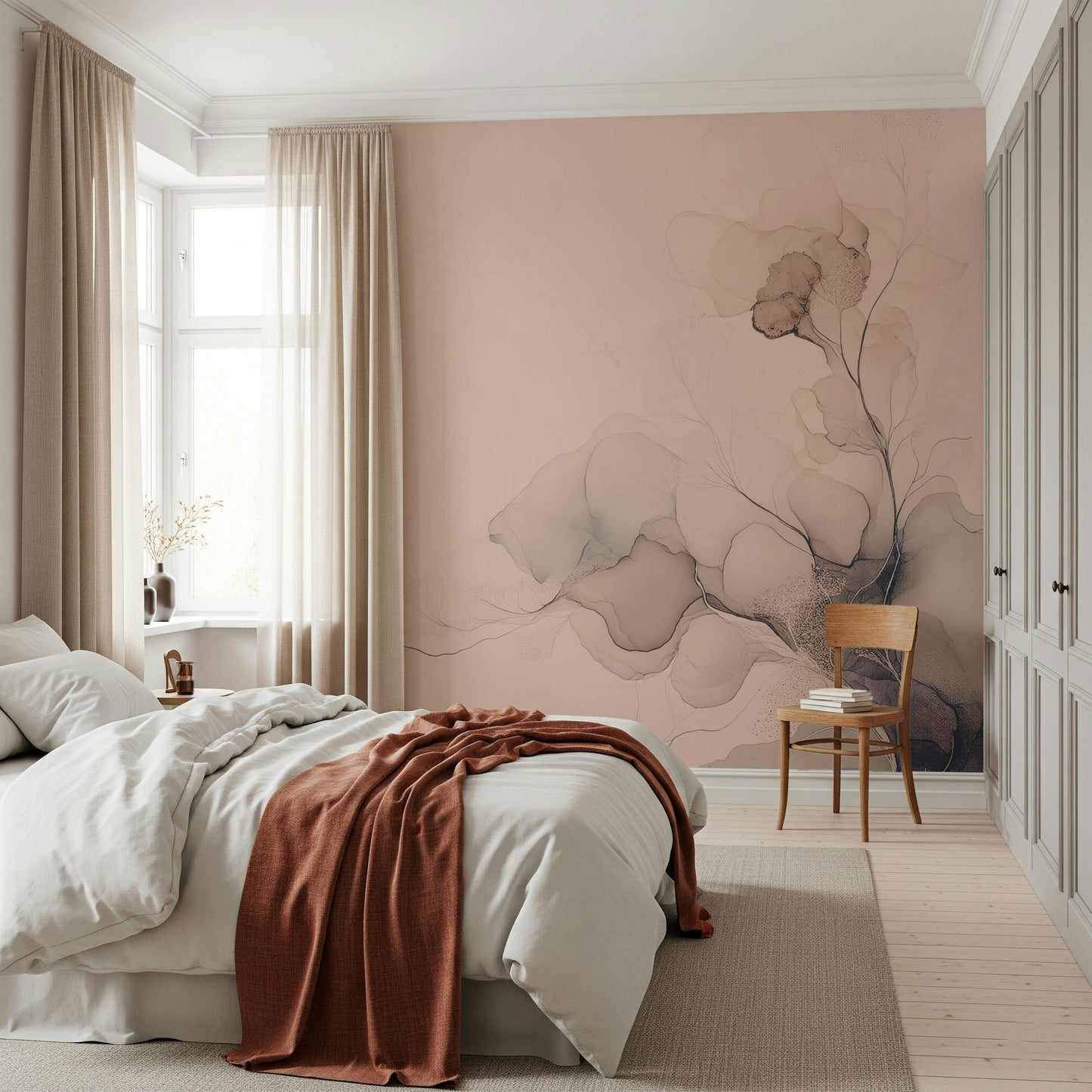 Artistic wall mural inspired by air and light, featuring elegant upward movement and serene colors.