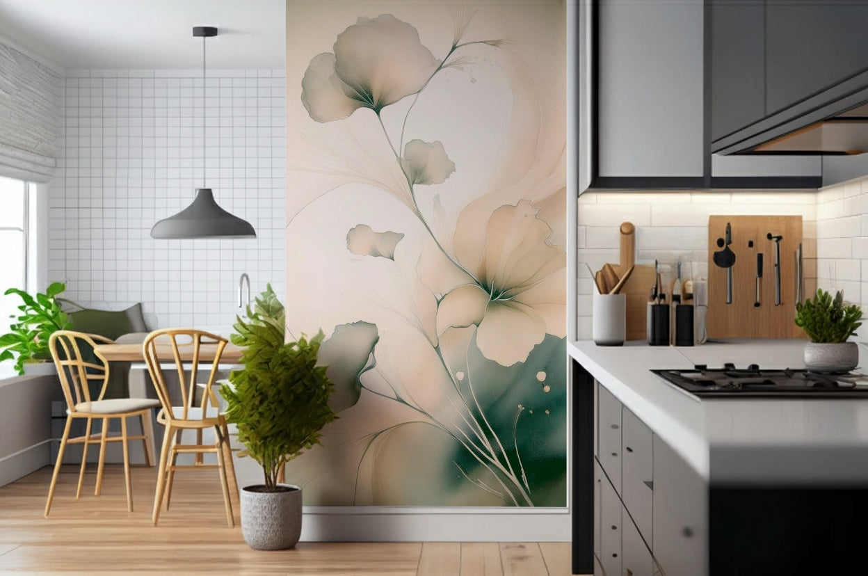 Soft Whispering Petals wall mural featuring delicate pastel blossoms drifting in a gentle haze.