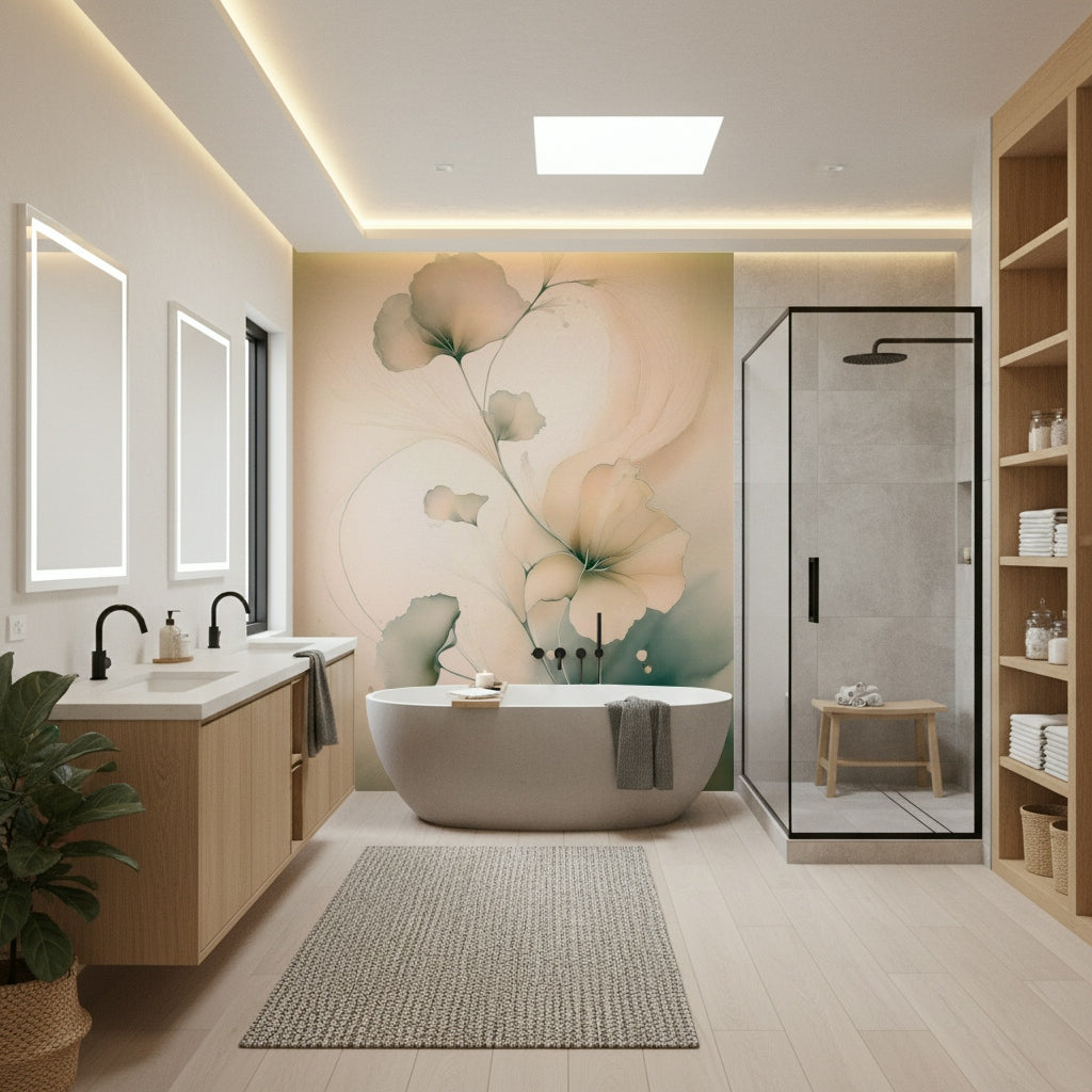 Wall mural featuring delicate flowers and muted tones for a peaceful, graceful interior look.