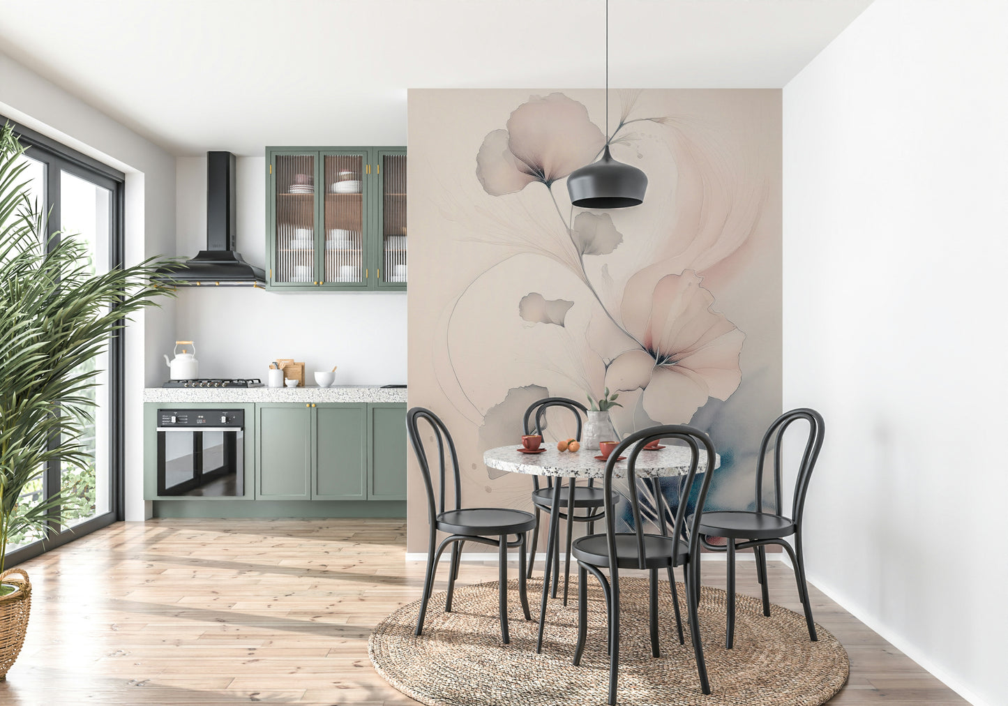 Pastel-toned floral mural evoking serenity and beauty through delicate, blooming petals.