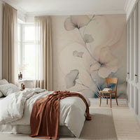Romantic mural with watercolor-inspired pastel blossoms creating a soft, ethereal ambiance.
