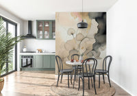 Elegant wall mural with blooming florals rendered in soft black and gray ink tones.