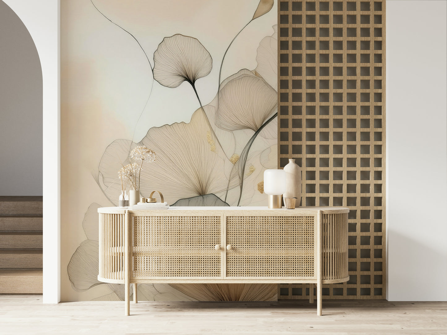 Elegant wall mural with abstract ink blooms and fluid brushstrokes for refined interior décor.