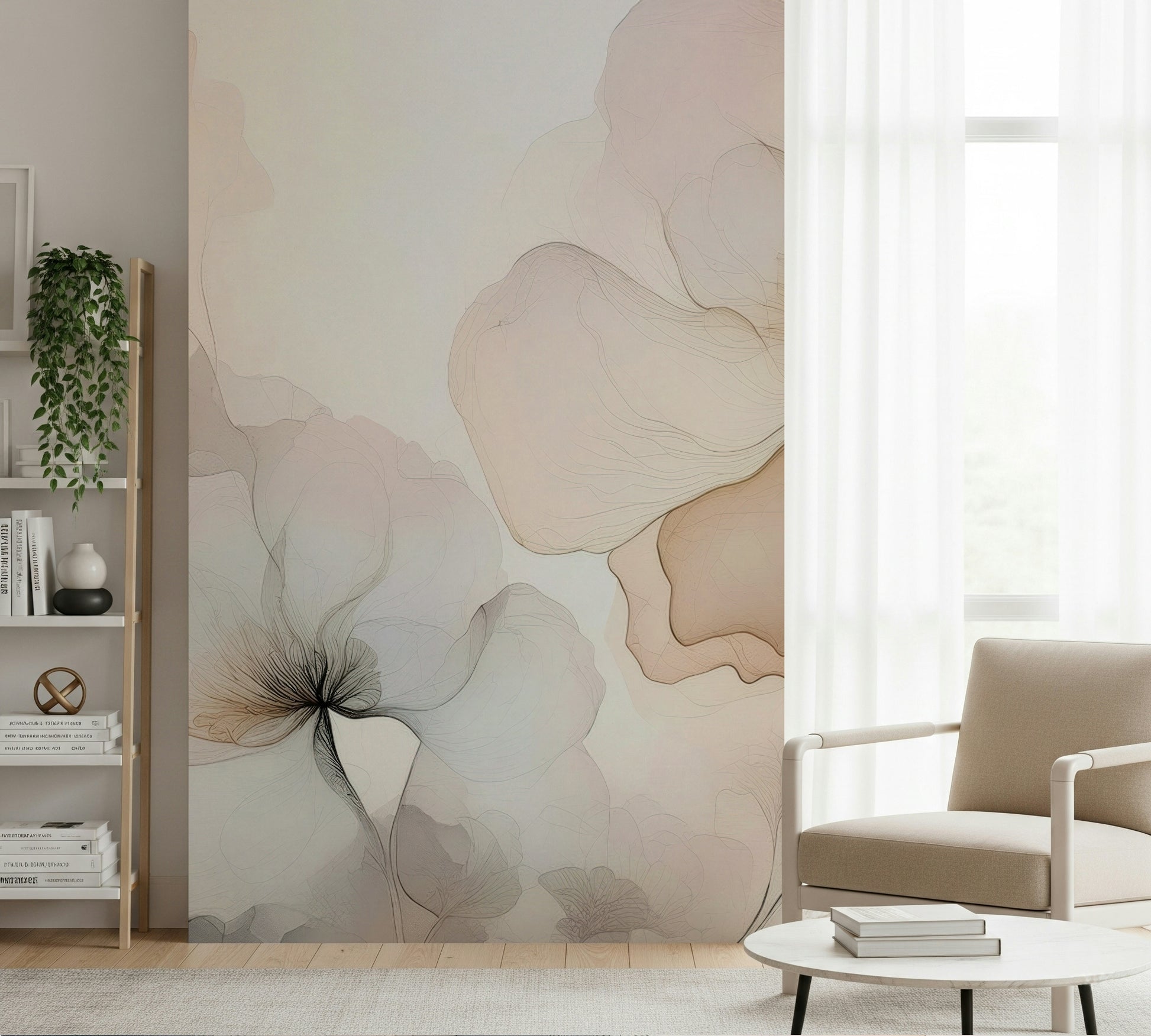 Romantic floral mural with airy textures and subtle color transitions for a calming effect.