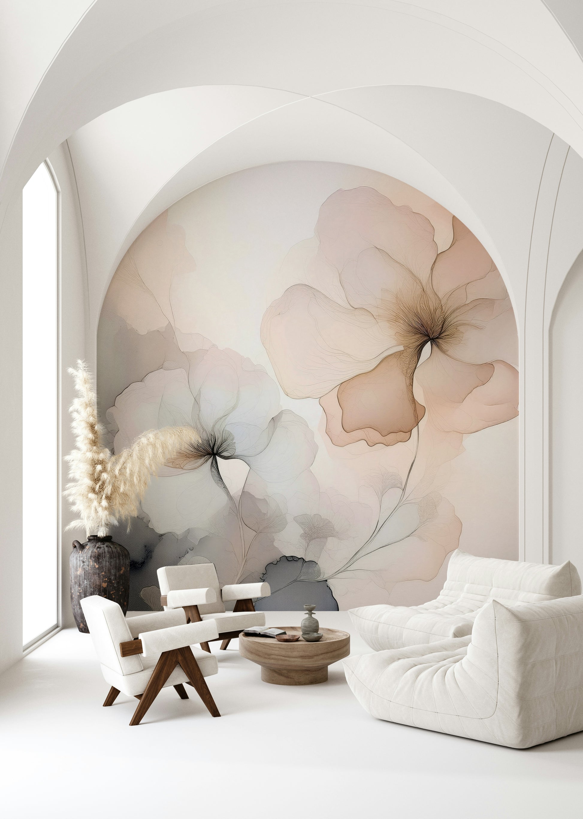 Floral Haze mural evoking soft elegance with diffused blossoms and soothing pastel tones.