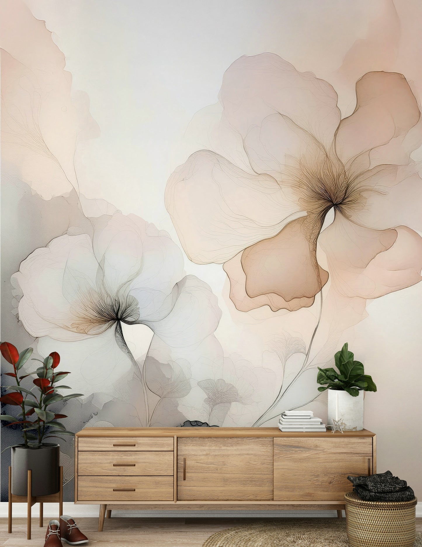 Elegant wall mural with hazy floral patterns creating a romantic, ethereal atmosphere.