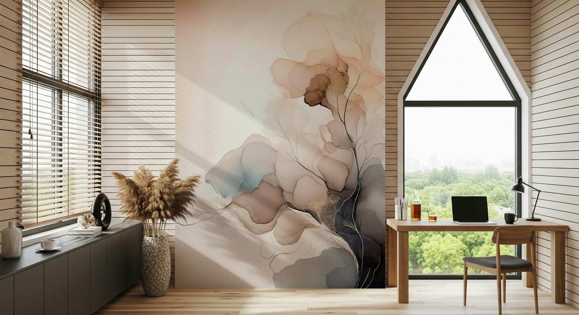 Monochrome floral wall mural inspired by ink painting, blending minimalism and sophistication.