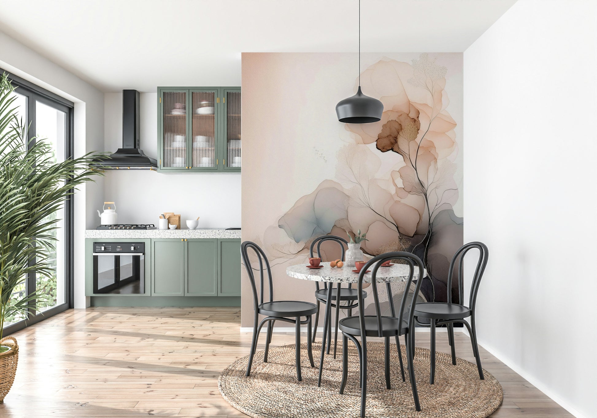 Elegant wall mural with abstract ink blooms creating a dramatic yet graceful visual effect.