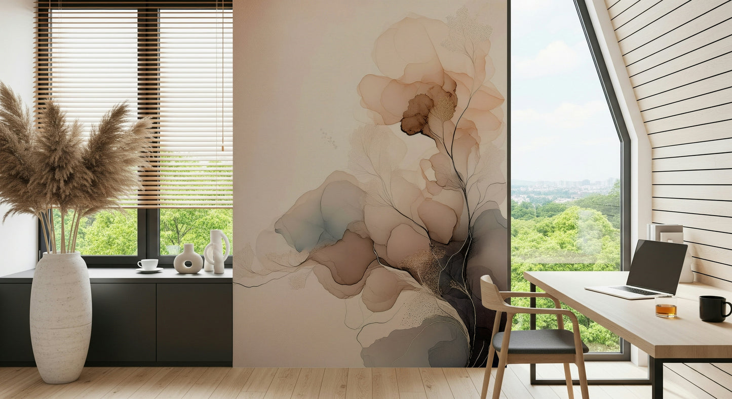 Contemporary wall mural with abstract ink florals adding depth and sophistication to interiors.