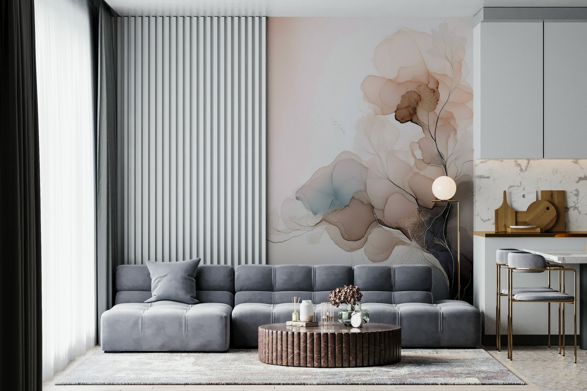 Ink-inspired flower mural with bold brushstrokes and fluid shapes for contemporary interiors.