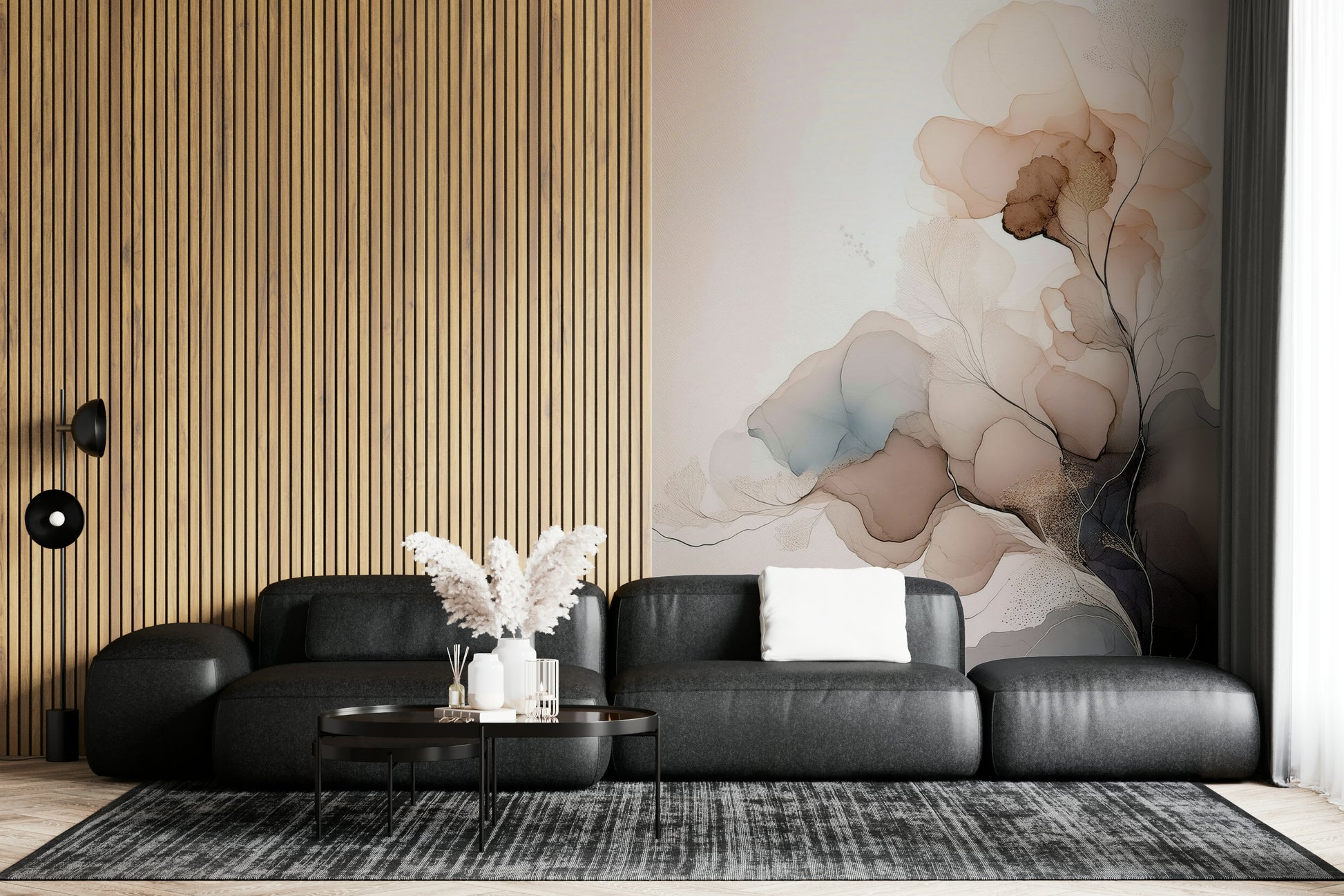Modern abstract mural combining floral motifs with inky textures for a refined, artistic look.