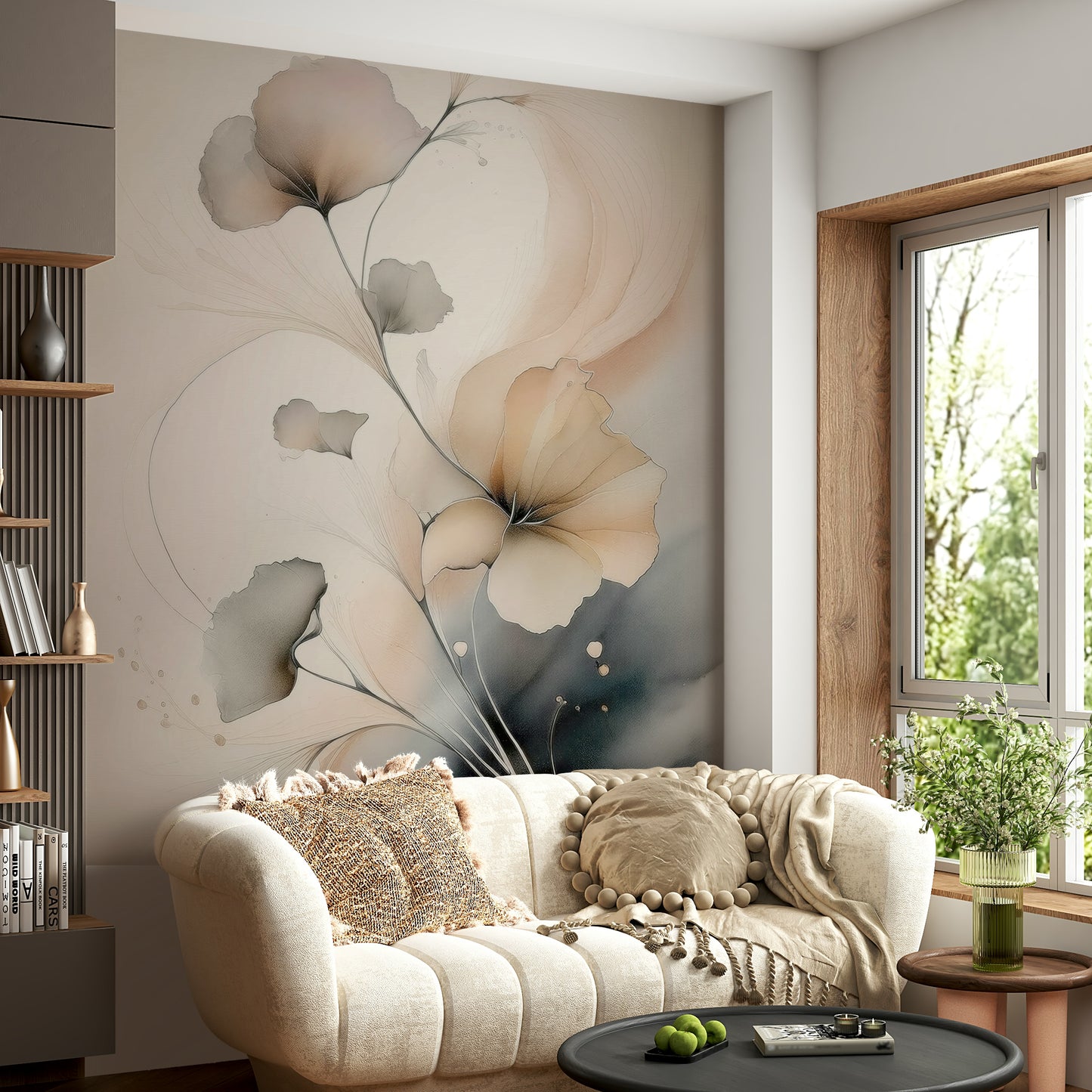 Soft watercolor-inspired mural showcasing blooming flowers for a serene and graceful interior look.