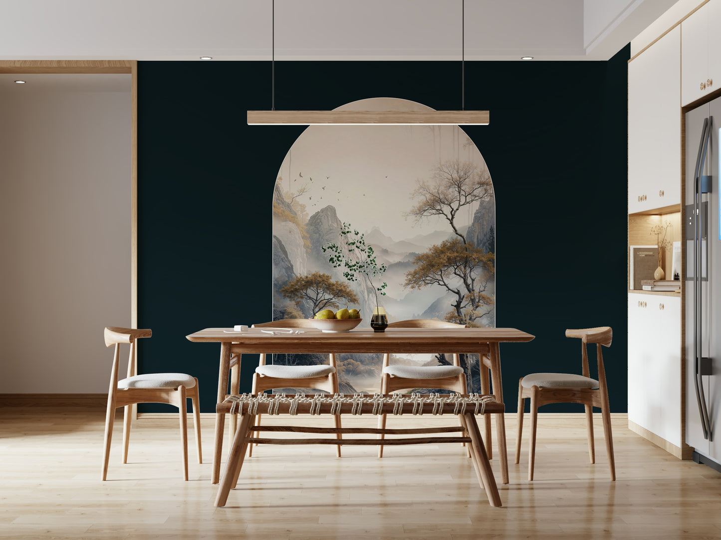 Nature-inspired mural showcasing golden foliage and an arched tree design for a grand statement wall.