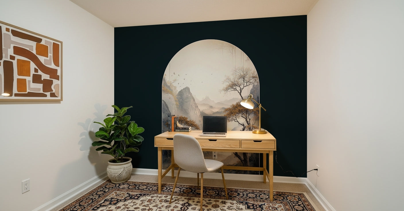 Artistic wall mural featuring metallic gold tones and arching tree silhouettes for modern décor.