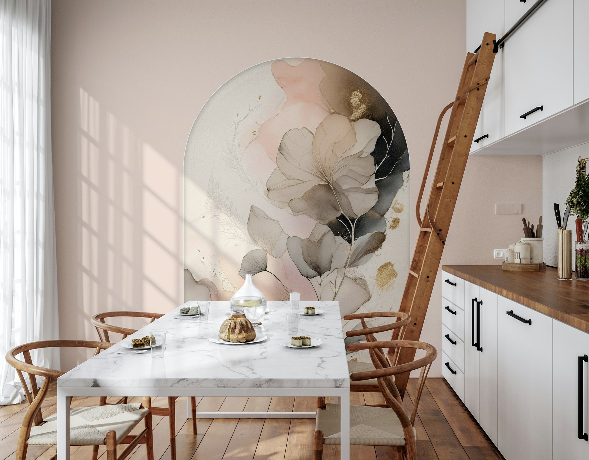 Floral-inspired wall mural in soothing shades of pink and beige for a serene, modern décor.