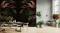 Traditional Korean-inspired mural with blooming flowers and soaring birds for timeless elegance.
