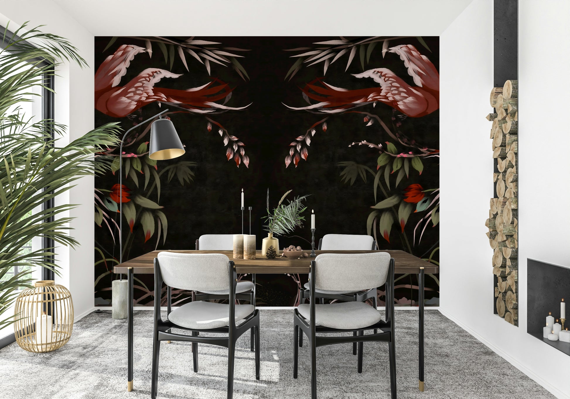 Classic wall mural inspired by Korean Joseon art, depicting harmony between nature and flight.
