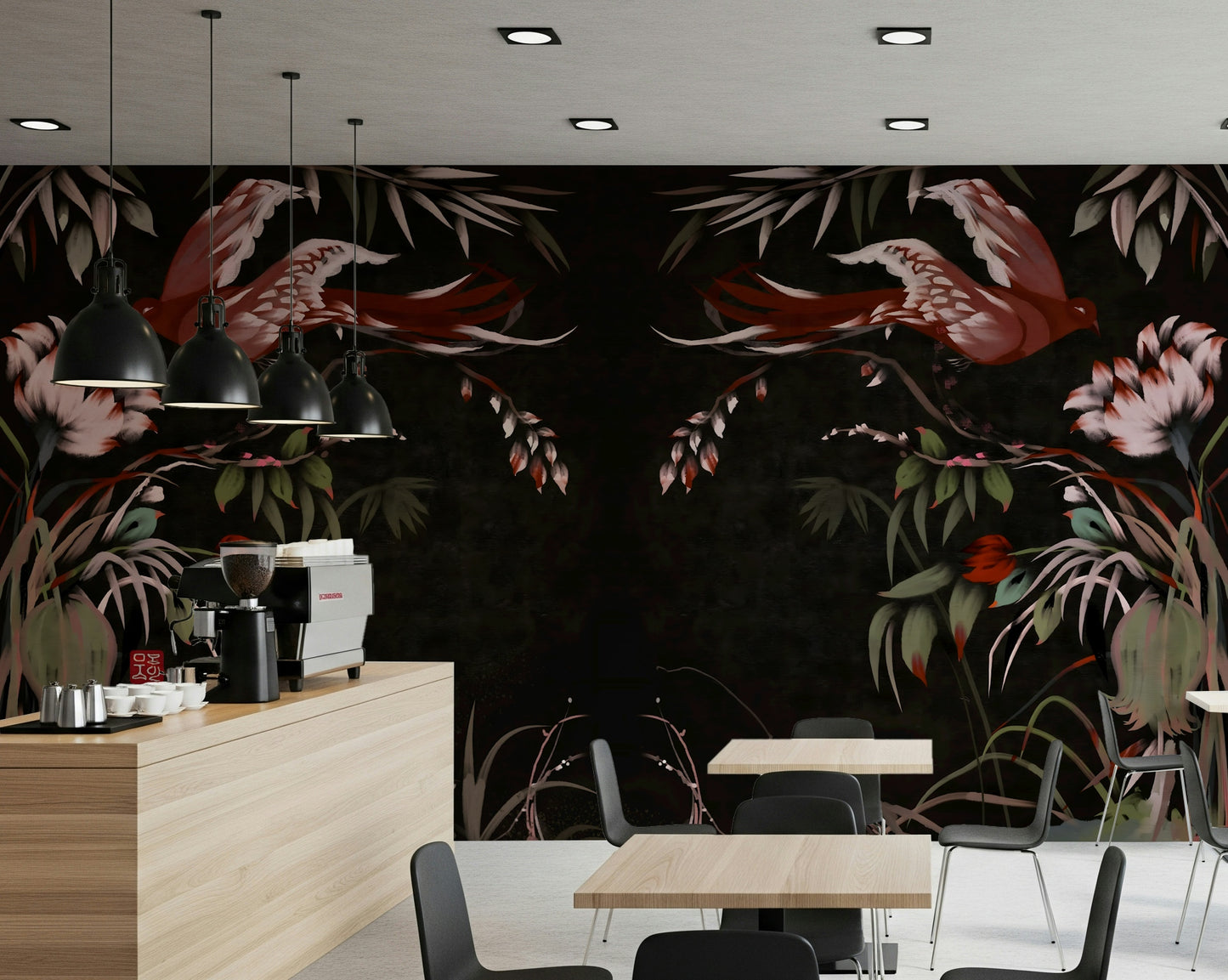 Artistic wall mural inspired by Korean heritage, blending flowers and birds in soft, natural tones.