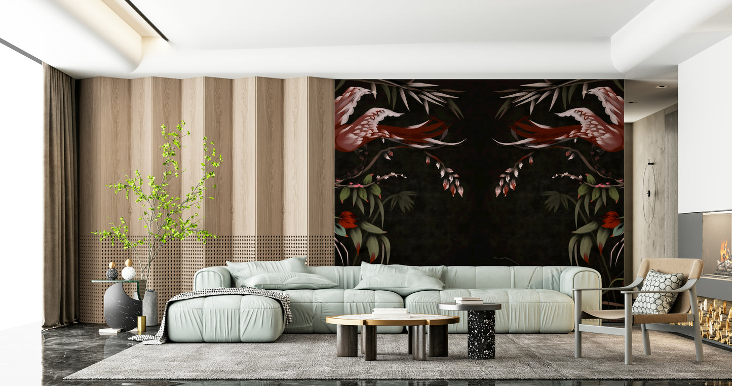 Floral Flight wall mural merging Korean-inspired botanical art and bird imagery for tranquil décor.