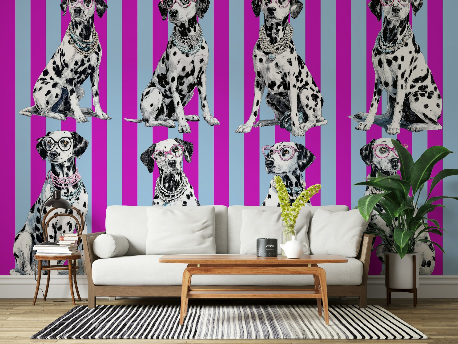 Contemporary wall mural inspired by dalmatian spots and diamond shapes for a chic statement look.