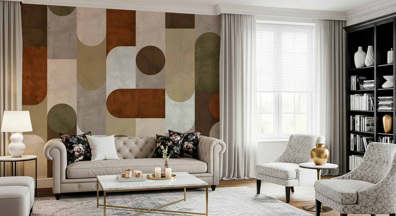 Vintage Mosaic Vibes wall mural featuring intricate tile-inspired patterns in warm retro tones.