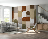 Vintage-inspired wall mural with mosaic patterns creating a nostalgic and decorative vibe.