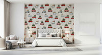 Whimsical wallpaper design featuring tiny delivery vans for a nostalgic yet modern look.