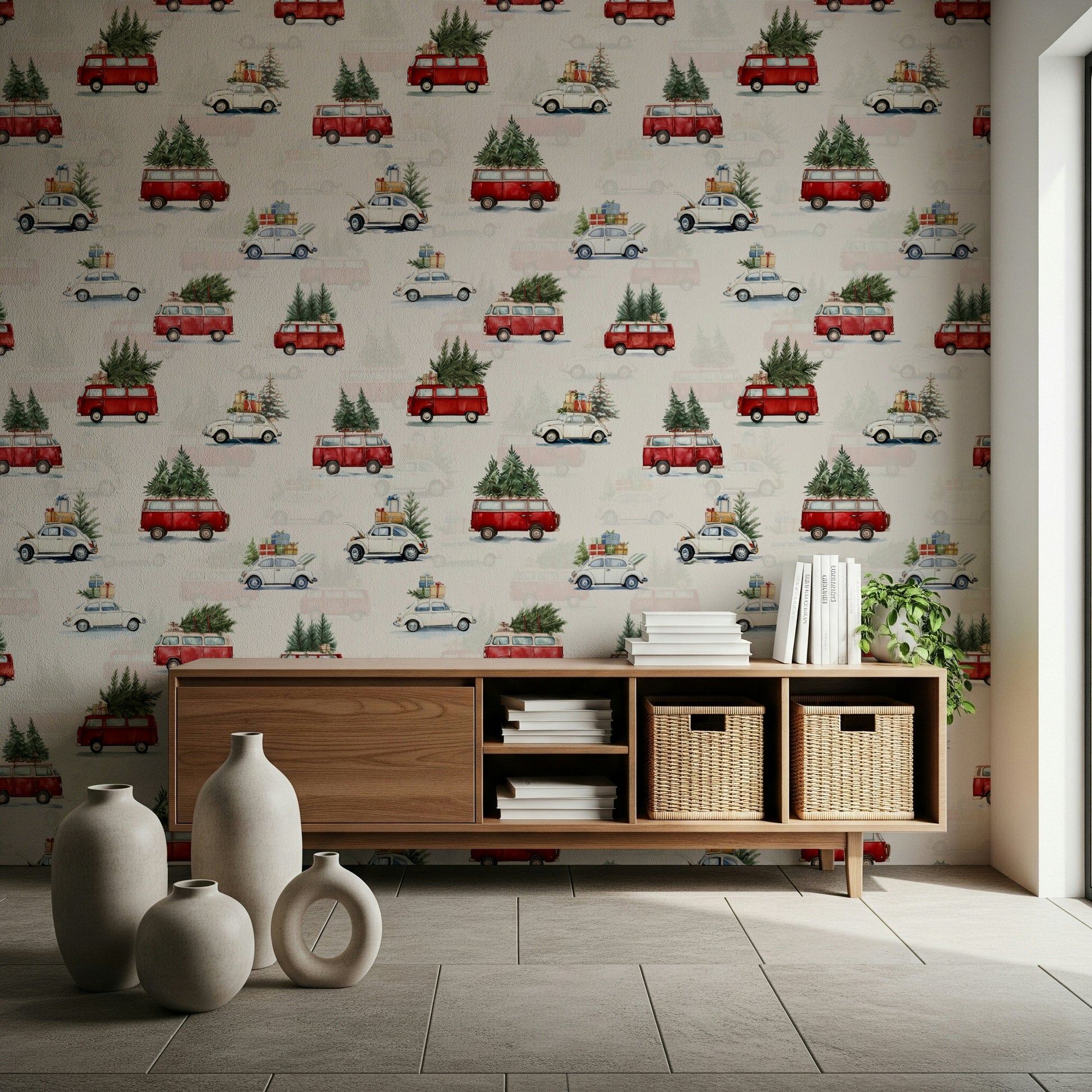Vintage-inspired wallpaper with illustrated camionettes perfect for kids’ rooms or creative spaces.