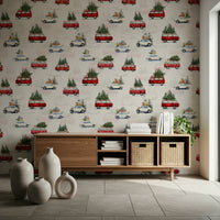 Vintage-inspired wallpaper with illustrated camionettes perfect for kids’ rooms or creative spaces.