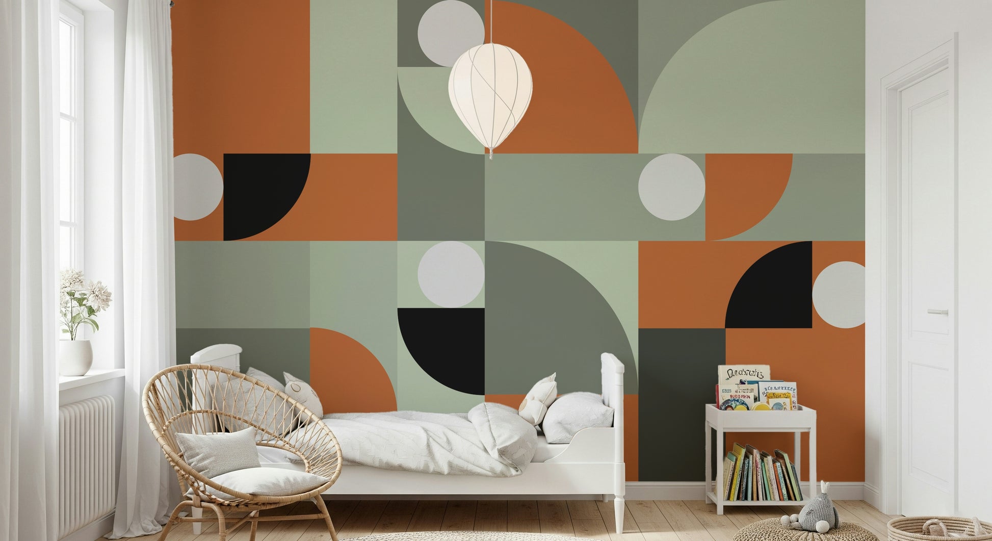 Warm terracotta meets cool gray in this artistic wall mural with refined geometric appeal.