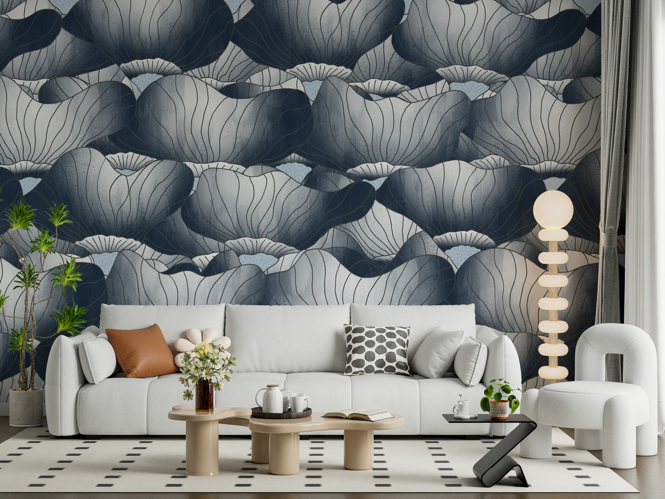 Navy Blue Botanical Bloom Waves  Wall Mural