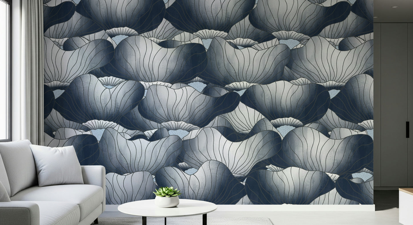 Navy Blue Botanical Bloom Waves  Wall Mural