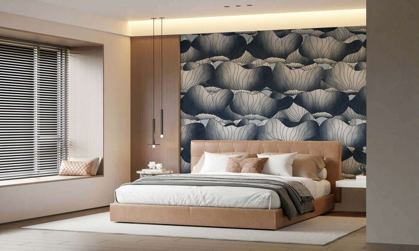Navy Blue Botanical Bloom Waves  Wall Mural