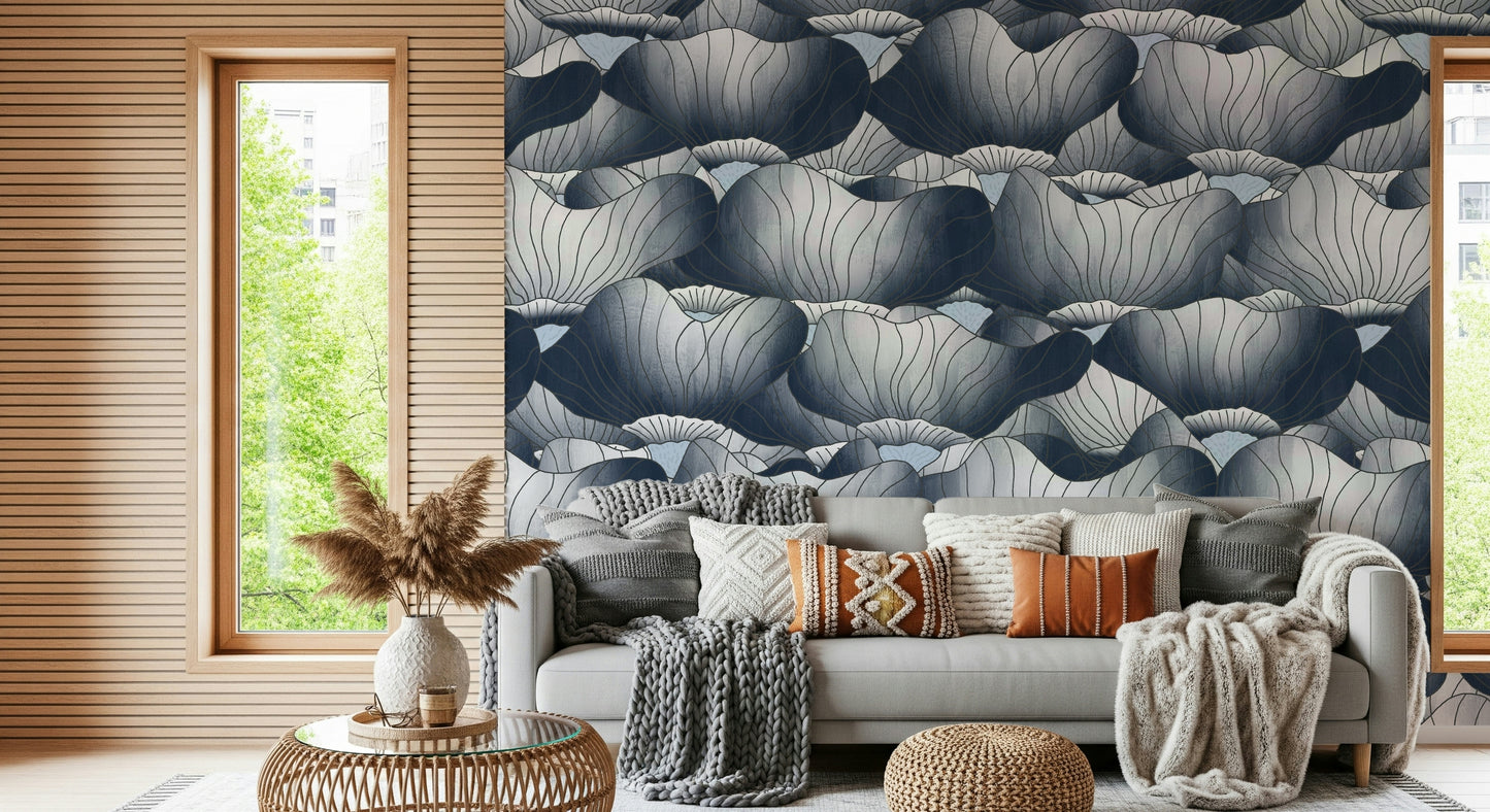 Navy Blue Botanical Bloom Waves  Wall Mural