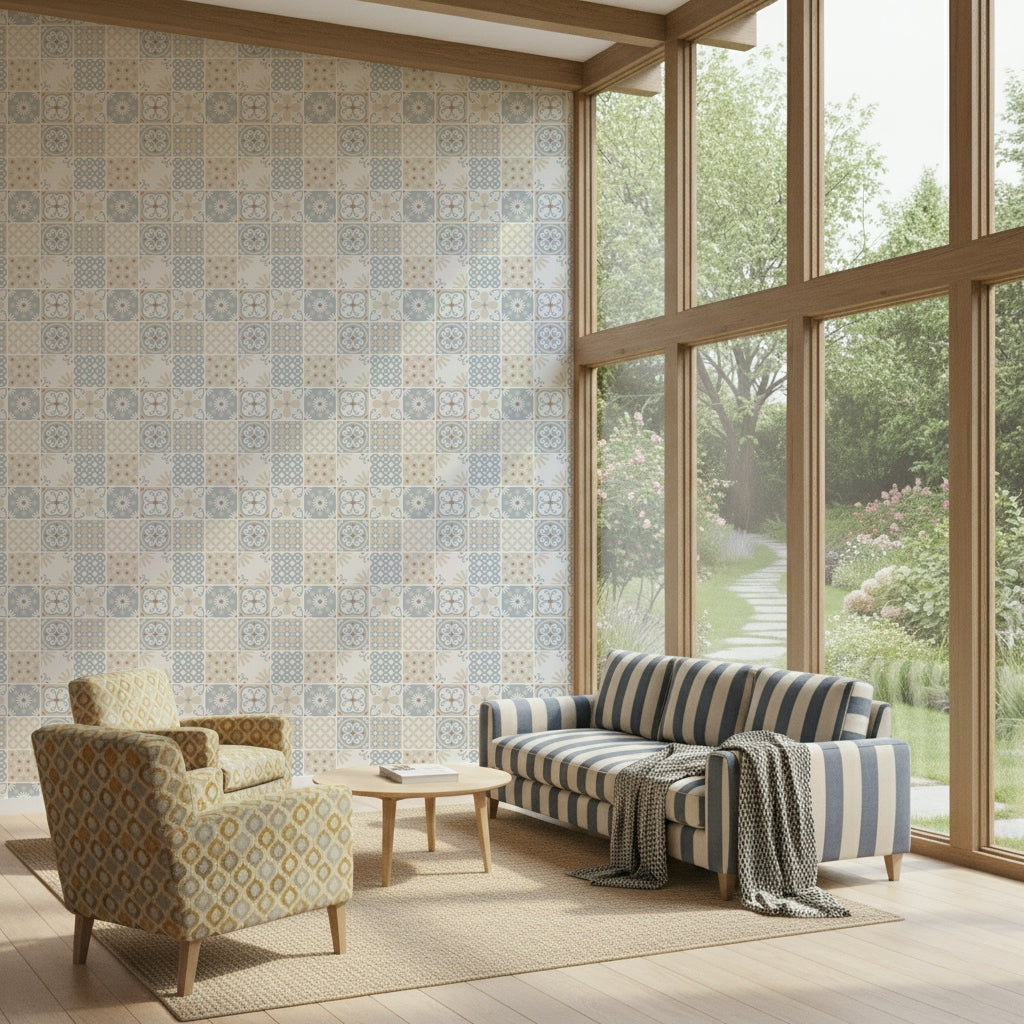 Vintage Folk Tiles – Blue Breeze Wallpaper⁠