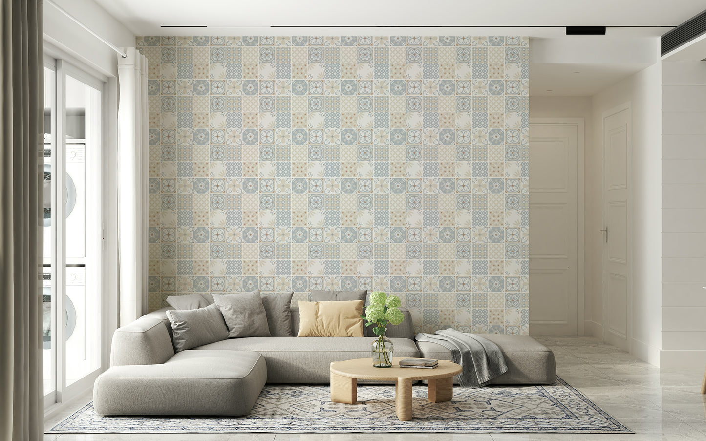 Vintage Folk Tiles – Blue Breeze Wallpaper⁠