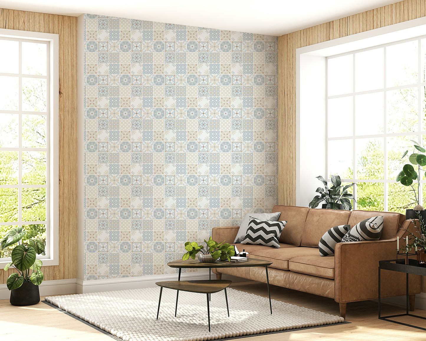Vintage Folk Tiles – Blue Breeze Wallpaper⁠