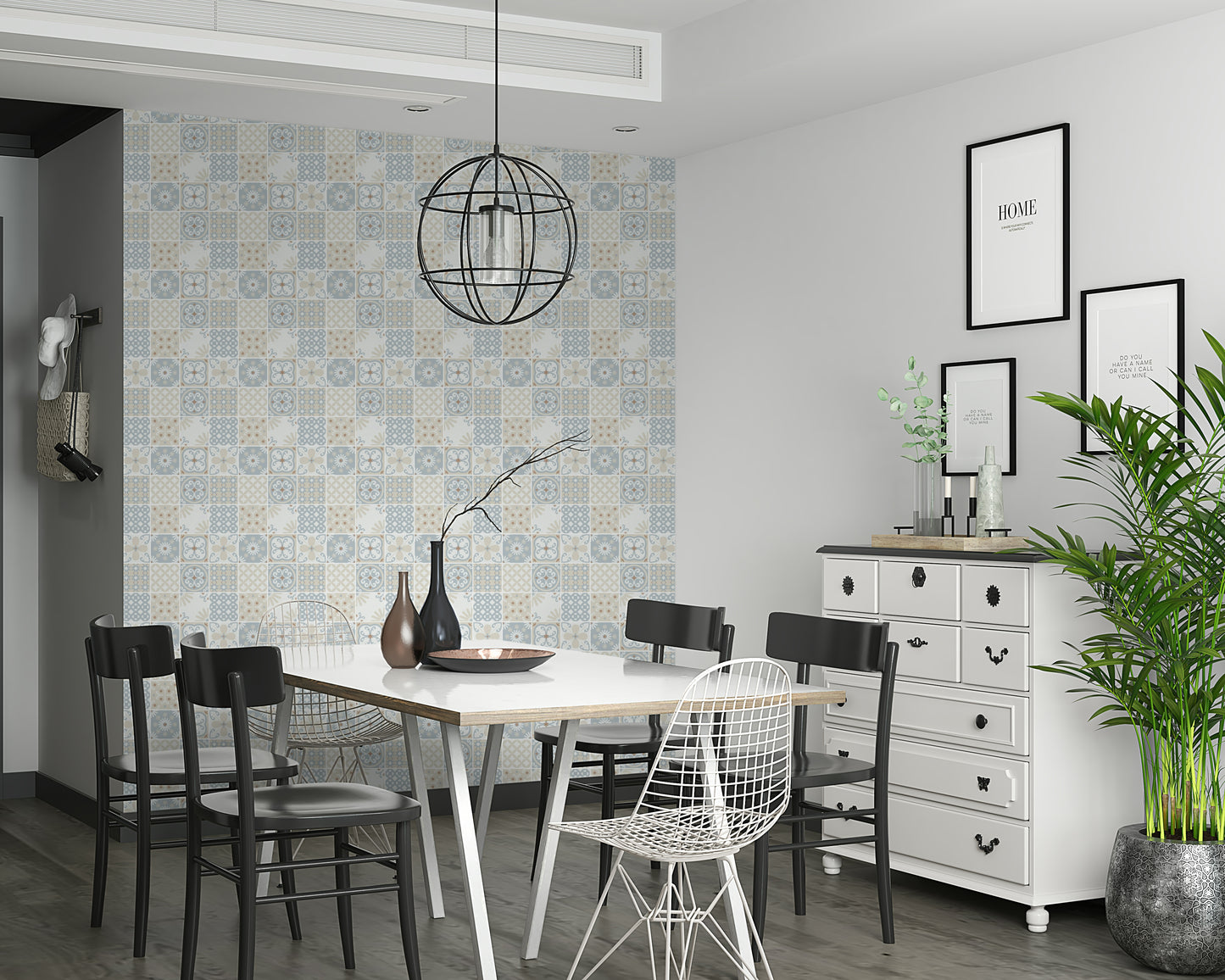 Vintage Folk Tiles – Blue Breeze Wallpaper⁠