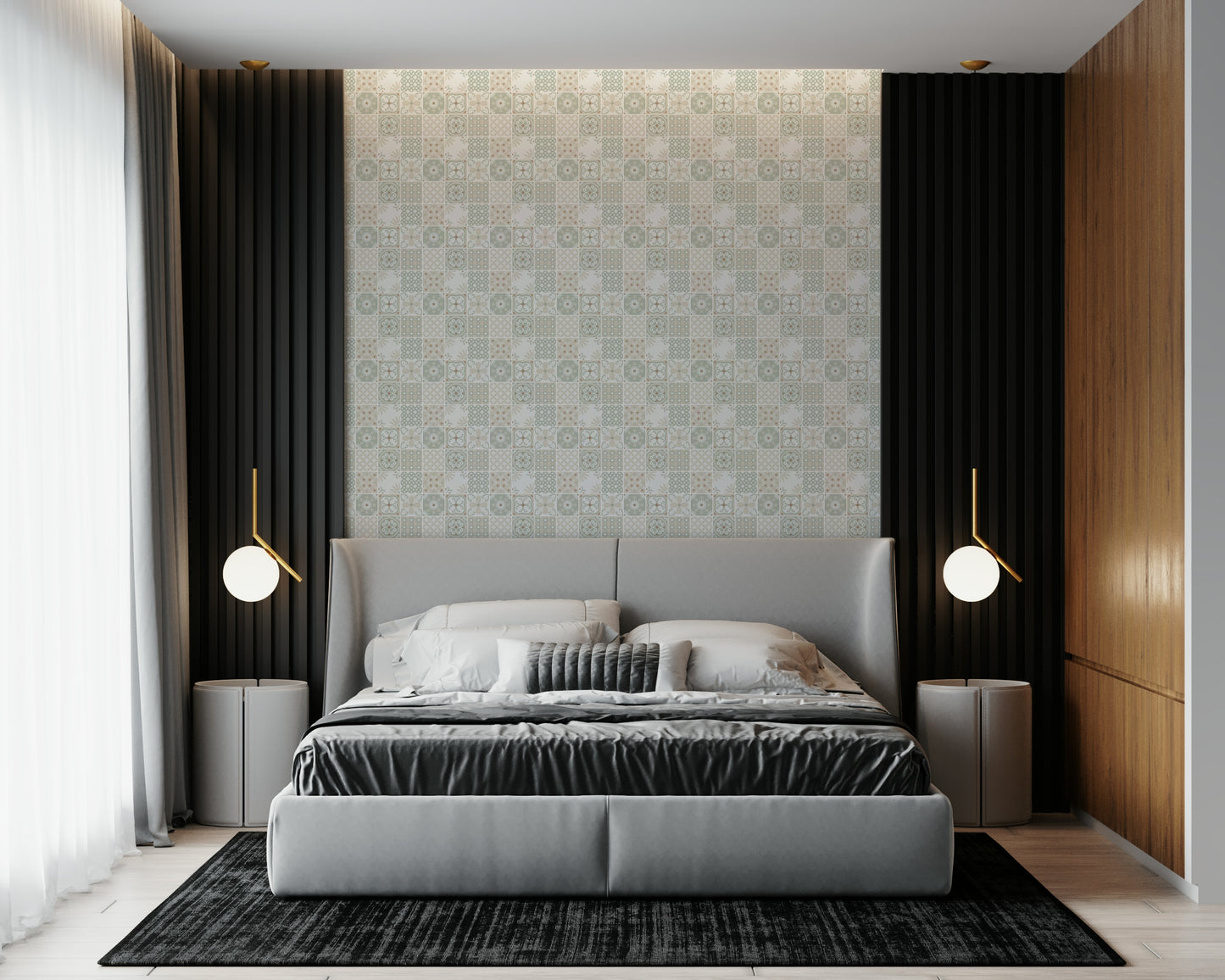 Vintage Folk Tiles – Sage Green Wallpaper⁠