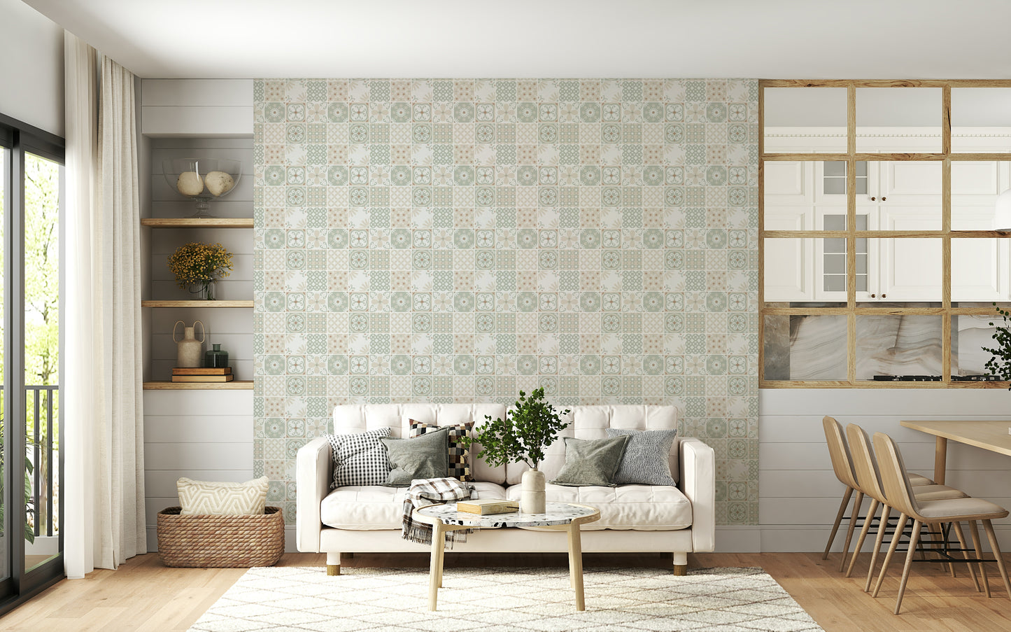 Vintage Folk Tiles – Sage Green Wallpaper⁠