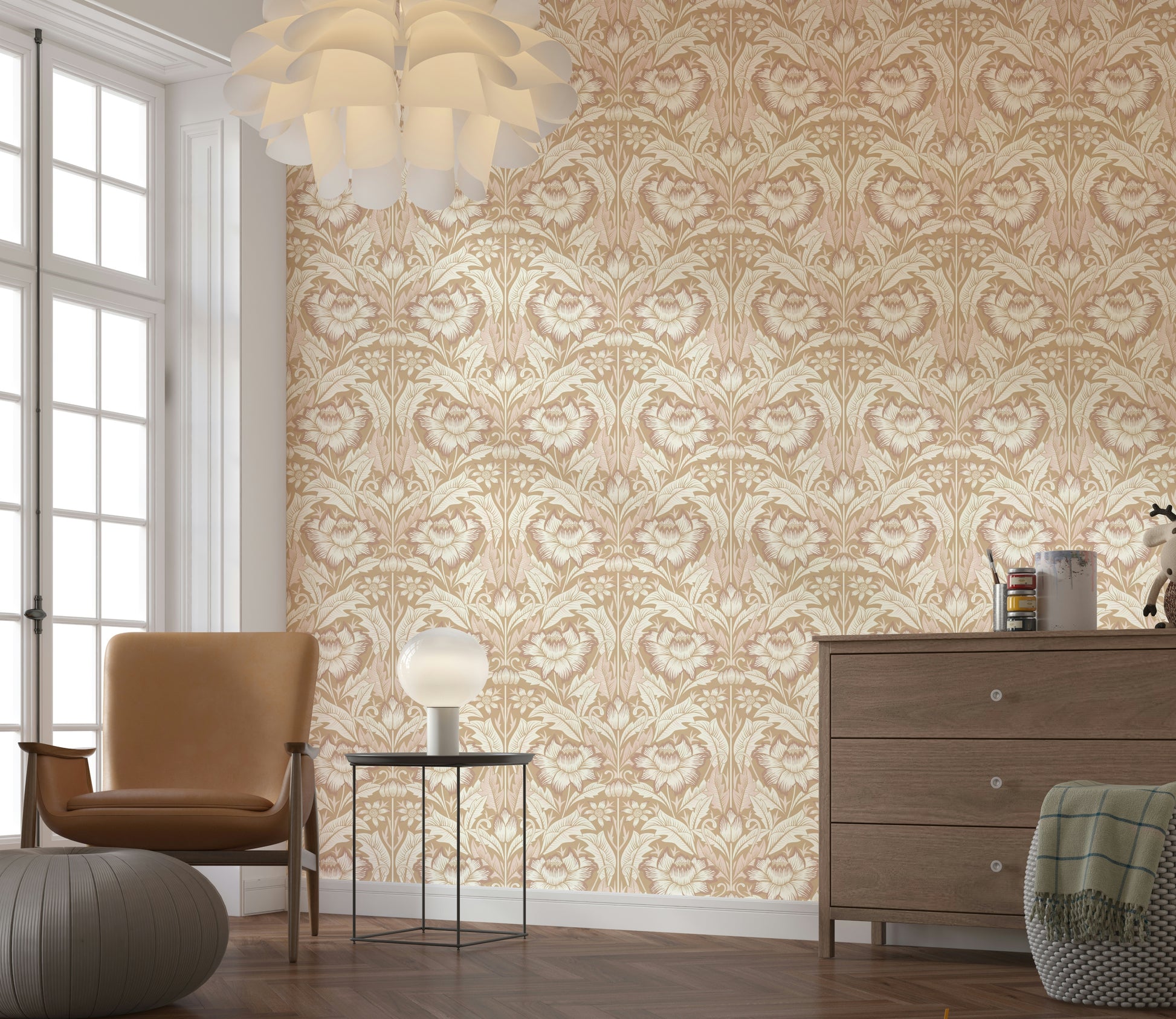 Neutral-toned wallpaper inspired by timeless garden elegance with subtle flower motifs.
