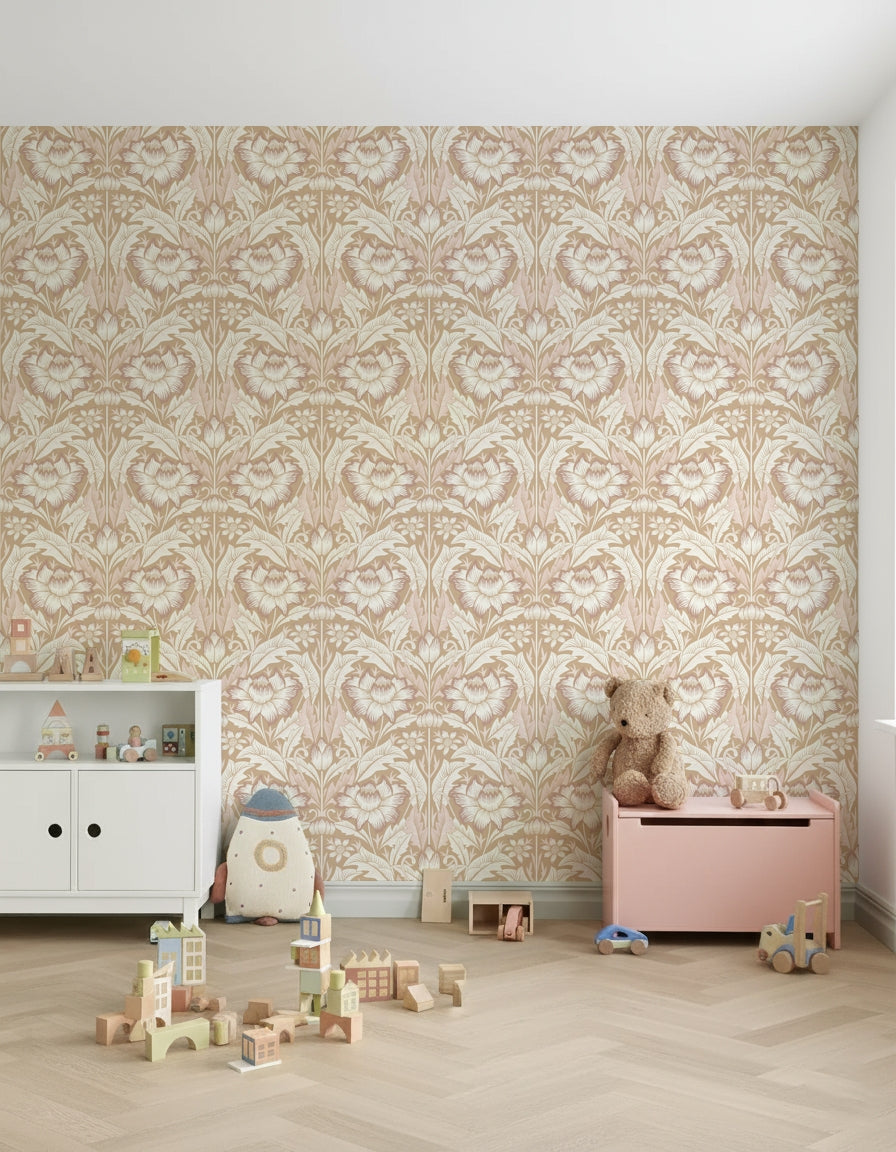 Nature-inspired wallpaper with intricate beige floral patterns for elegant interiors.