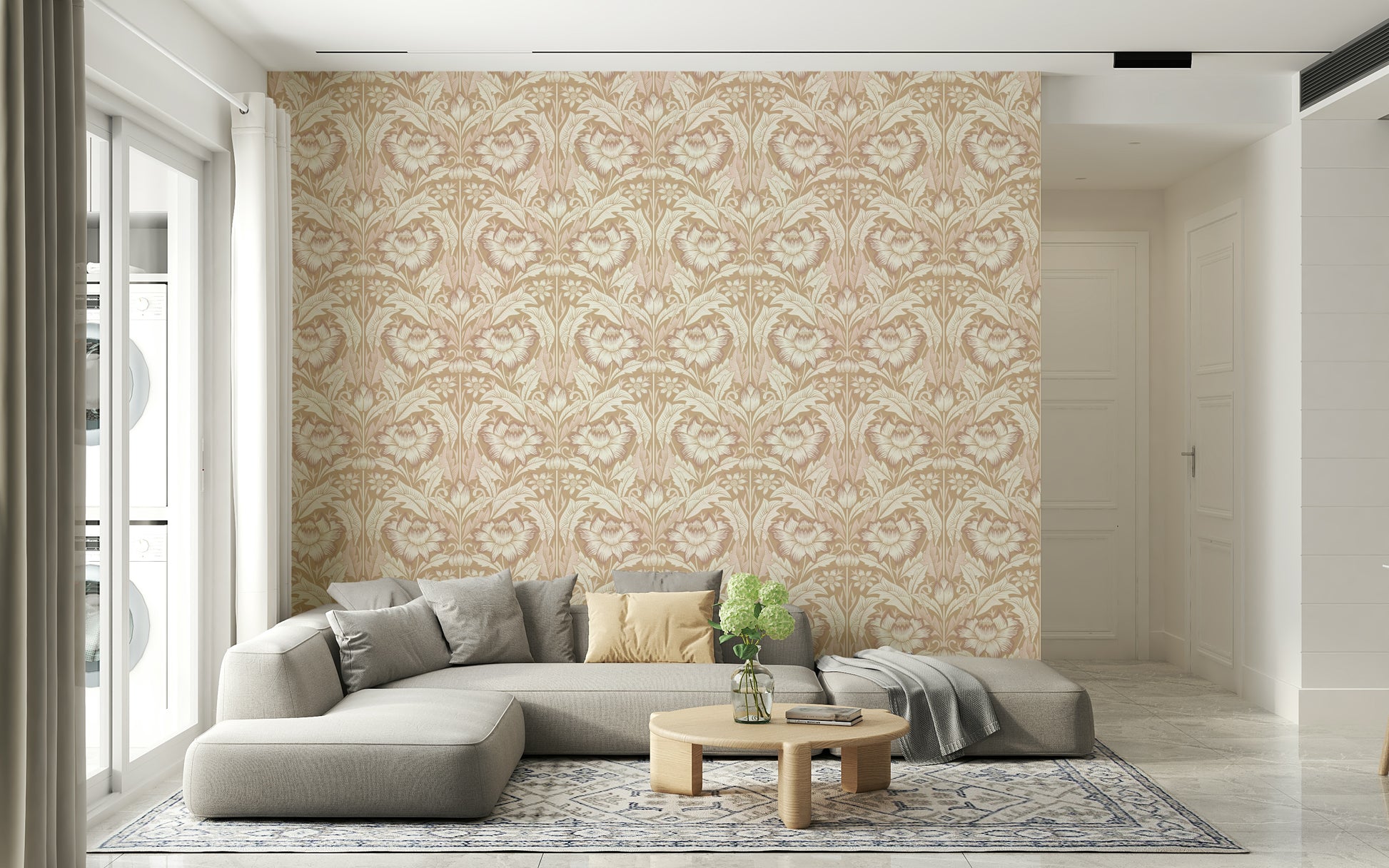 Soft sand beige wallpaper featuring a timeless garden motif that enhances any room décor.