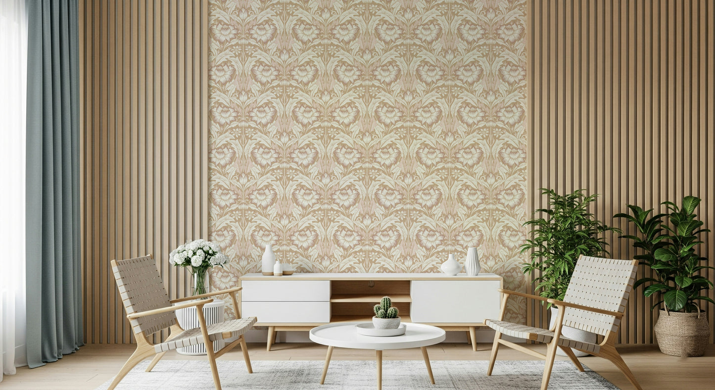 Beige floral wallpaper featuring graceful garden patterns that bring calm sophistication.