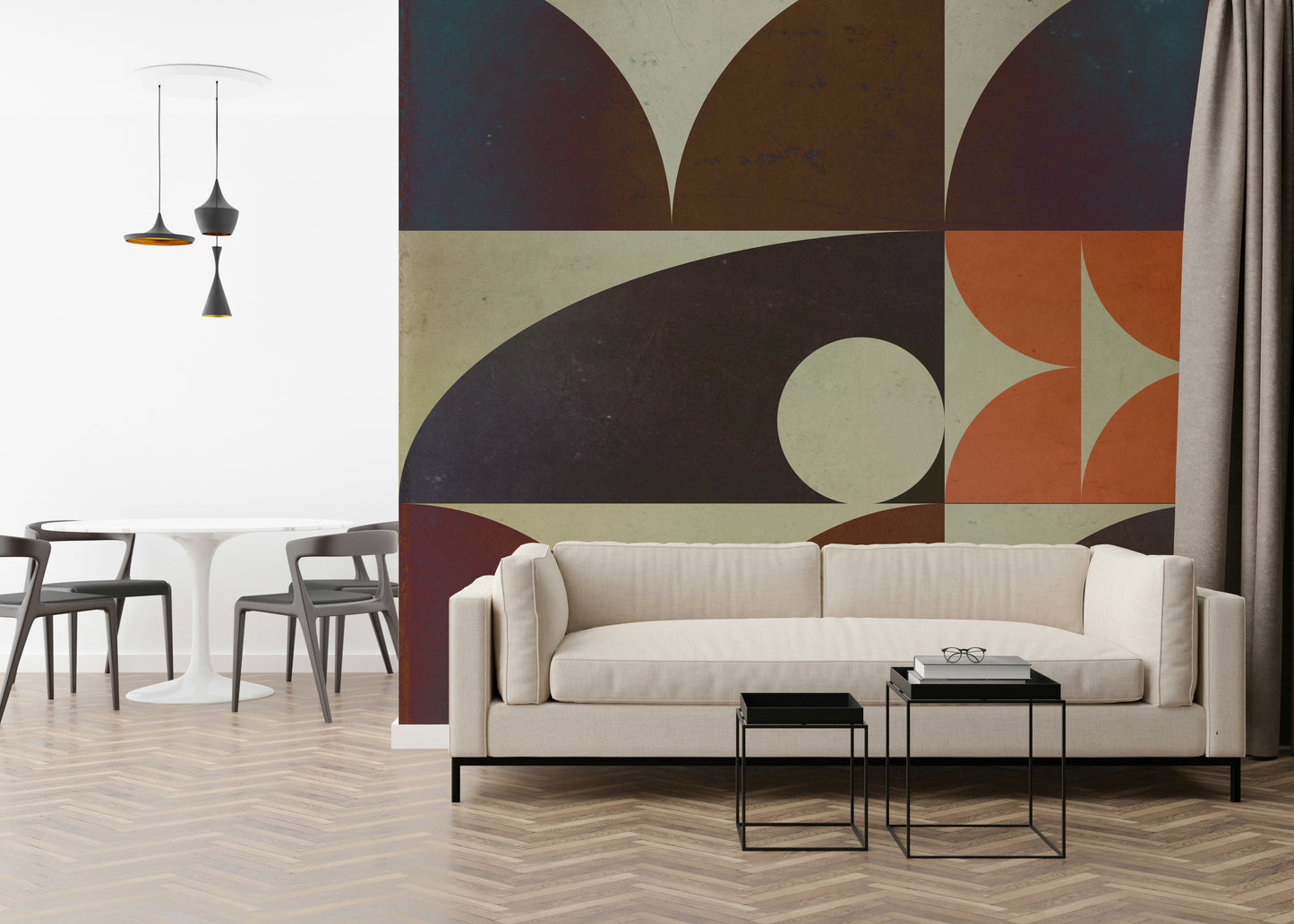 Mid-century modern wallpaper for walls with artistic Geometrica fall circular patterns.